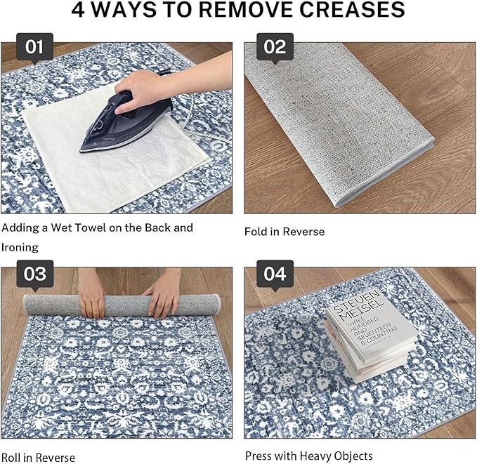 Runner Rug 2.6x16, Light Blue White Washable Long Hallway Rug Runner Non-Slip Soft Kitchen Runner Thin Printed Faux Wool Super Soft Carpet for Entryway Bedroom Laundry Room Indoor Home Decor