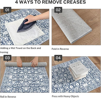 Hallway Runner Rug, Light Blue White Washable Runner Rug 2x8 Vintage Floral Kitchen Rug Runner Non Slip Thin Printed Faux Wool Super Soft Carpet for Entryway Bedroom Laundry Room Indoor