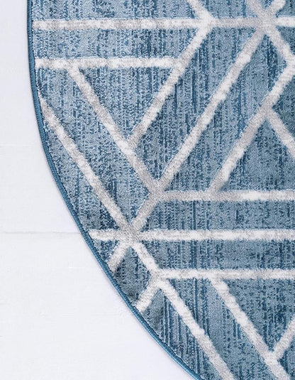 Rugs.com Lattice Trellis Collection Rug – 3 Ft Round Blue Low-Pile Rug Perfect for Kitchens, Dining Rooms