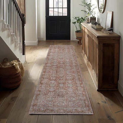 Kuden 2'6"x7' Runner Rug, Machine Washable Area Rug with Non-Slip Backing, Vintage Style, Soft, Easy Clean, Low Pile Rug for Hallway, Entryway, Kitchen, Bedroom