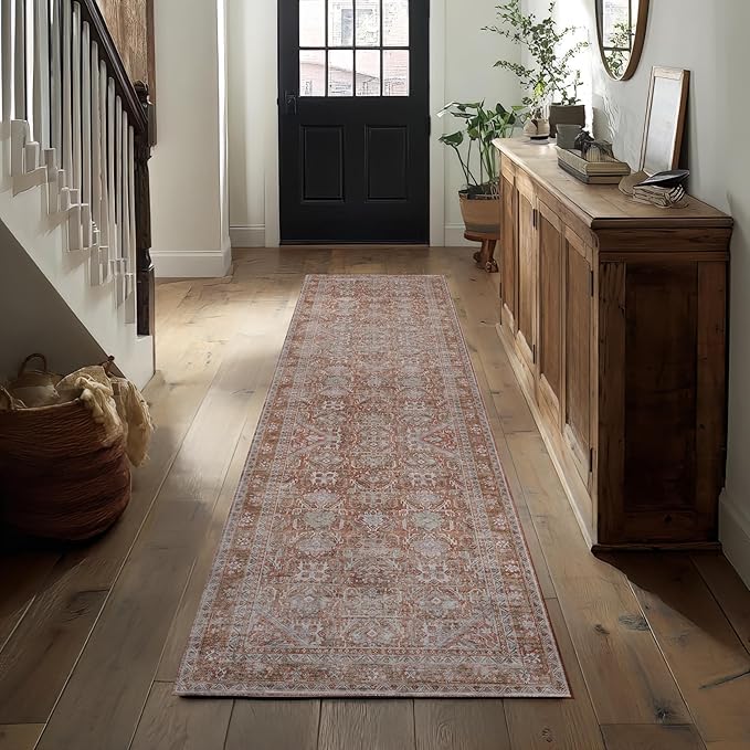 Kuden 2'6"x10 Runner Rug, Machine Washable Area Rug with Non-Slip Backing, Vintage Style, Soft, Easy Clean, Low Pile Rug for Hallway, Entryway, Kitchen, Bedroom