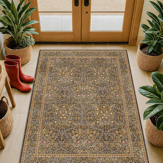 Vintage Gold Brown Entryway Rug, 3x4 Washable Area Rugs for Kitchen, Bathroom, Bedroom, Oriental Low Pile Stain Resistant Non-Slip Small Throw Rug