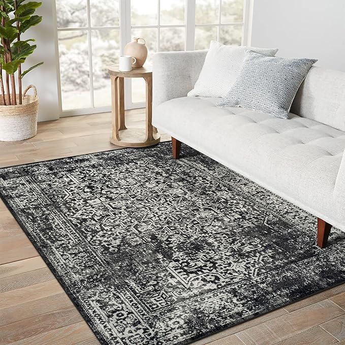 vivorug 4x6 Area Rugs, Stain Resistant Washable Rug for Living Room, Vintage-Inspired Black and White Rug