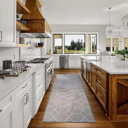 Custom Made Runner Rug for Kitchen Foyer Hallway Entry Choose Your Length Size 26 Inch Wide Geometric Lattice Design Grey Color (2 feet x 26 inch)