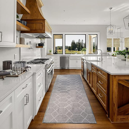 Custom Made Runner Rug for Kitchen Foyer Hallway Entry Choose Your Length Size 26 Inch Wide Geometric Lattice Design Grey Color (3 feet x 26 inch)