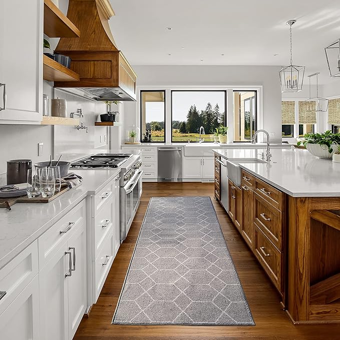 Custom Made Runner Rug for Kitchen Foyer Hallway Entry Choose Your Length Size 26 Inch Wide Geometric Lattice Design Grey Color (6 feet x 26 inch)