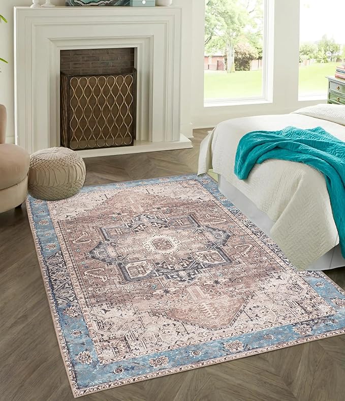 GLN Rugs Traditional Collection - Machine Washable Area Rug, Traditional Washable, Non Slip, Low Pile Chenille Rug, Living Room, Bedroom, Kitchen Rug (3' x 5' Brown/Blue)
