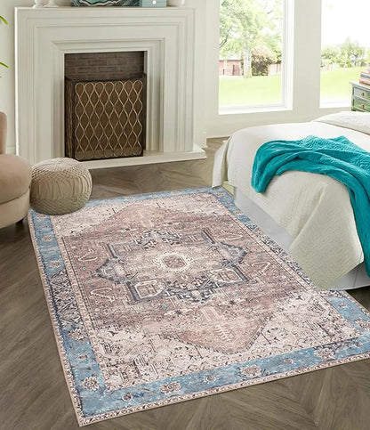 GLN Rugs Traditional Collection - Machine Washable Area Rug, Traditional Washable, Non Slip, Low Pile Chenille Rug, Living Room, Bedroom, Kitchen Rug (3' x 5' Brown/Blue)