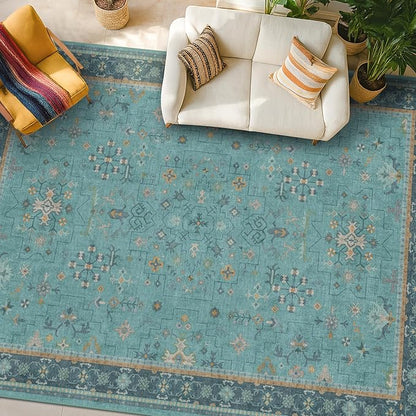 Teal 7x10 Large Rug for Living Room, Washable Soft Area Rugs for Bedroom Under Bed, Dining Room, Floral Pattern Vintage Turquoise Décor Indoor, Non Slip Low Pile & Soft Carpet
