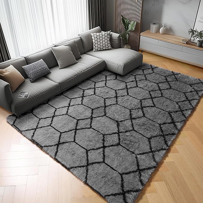 ONASAR Bedroom Living Room Area Rugs 5x8, Grey and Black Geometric Rug Floor Mat for Home Decor Aesthetic, Soft Shaggy Plush Fluffy Moroccan Carpet for Teen Nursery Playroom Dorm Classroom