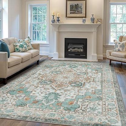 GENIMO 6x9 Area Rugs for Living Room, Machine Washable Non Slip Vintage Rugs, Low Pile Lightweight Chenille Print Rug for Bedroom, Dining Room, Home Office, Cyan