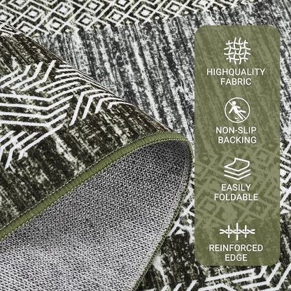 GarveeHome Modern Geometric Area Rug 5x7 Distressed Bordered Rug Washable Non Slip Floor Carpet Non Shedding Thin Rug, Soft Low Pile Rug, Contemporary Green Rug for Dining Room, Living Room