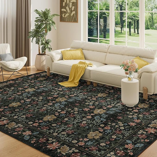 DUKINO 6x9 Rugs for Living Room, Vintage Washable Rug with Non Slip Backing, Floral Low Pile & Non-Shedding Large Area Carpets for Bedroom, Dining Room, Farmhouse, Home Office, Black