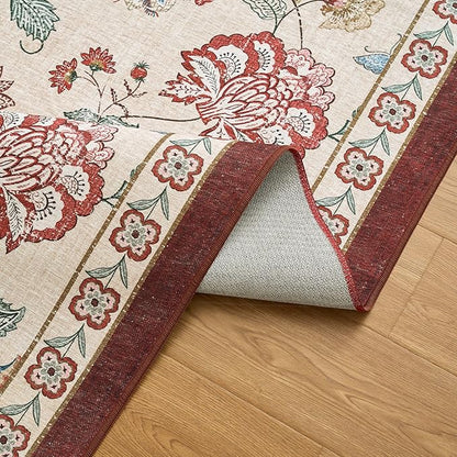 jinchan Elora Floral Corner Rug for Entryway Washable Kitchen Rug Vintage Romance Design Non Slip Quarter Circle Lightweight Low-Pile Throw Carpet for Playroom Reading Nook, 4ft Radius, Red/Beige