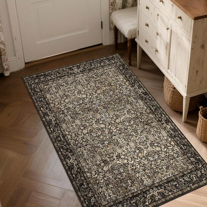 Washable Living Room Rug: 3x5 Boho Floral Soft Area Rug for Bedroom Decor - Vintage Low Pile Thin Carpet for Dining Room Non-Slip - Farmhouse Stain Resistant Rugs - Dark Brown
