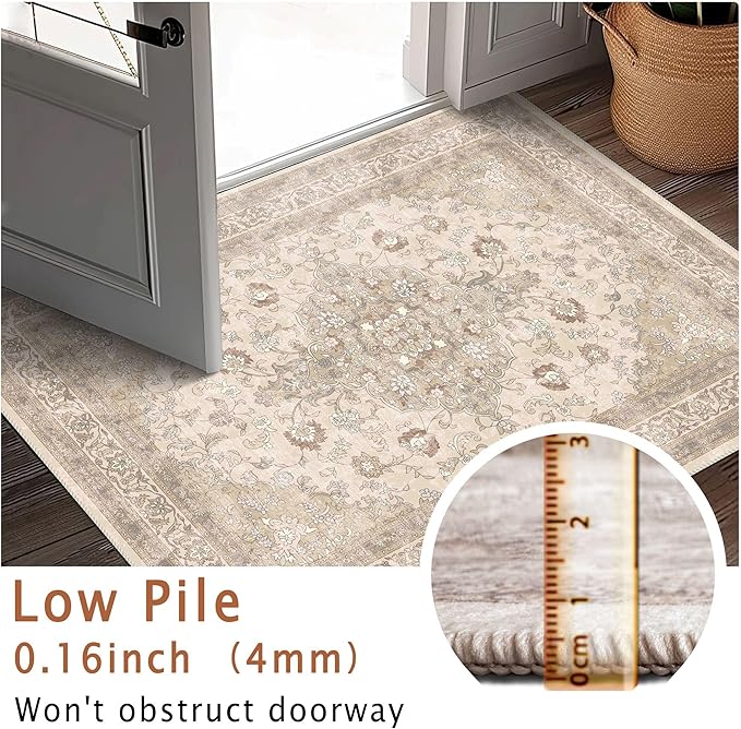 vivorug Beige 9x12 Area Rugs for Living Room, Non Slip Machine Washable Vintage Rug, Ultra-Thin Lightweight Large Area Rug for Bedroom, Dining Room, Low Pile Rug