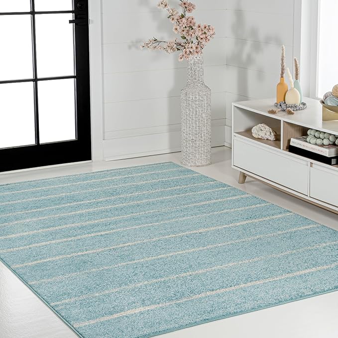 JONATHAN Y Williamsburg Minimalist Stripe Turquoise/Cream Indoor Area Rug, 8x10, Contemporary, Modern, Easy-Cleaning for Living Room, Bedroom, Kitchen, Pet Friendly, Non-Shedding (MOH201B-8)