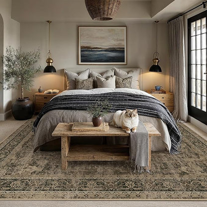 6x9 Washable Area Rug Brown Vintage Distressed Large Rug for Living Room Oriental Soft Thin Indoor Retro Carpet Non Slip Low Pile Floor Cover for Bedroom Dining Room Office Nursery