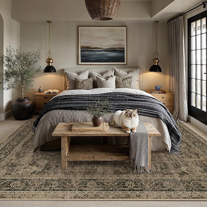 9x12 Washable Area Rug Brown Vintage Distressed Large Rug for Living Room Oriental Soft Thin Indoor Retro Carpet Non Slip Low Pile Floor Cover for Bedroom Dining Room Office Nursery