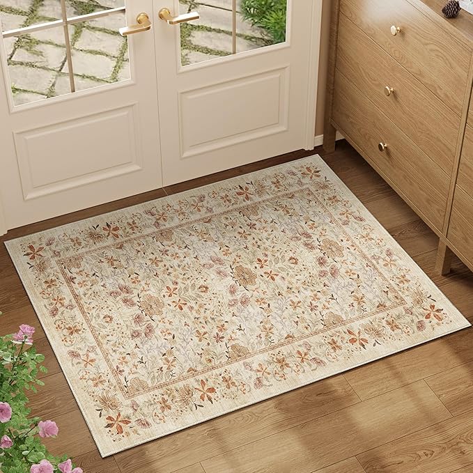 DUKINO 2x3 Entryway Rug, Floral Washable Area Rug with Non Slip Indoor Door Mat, Vintage Low Pile Small Front Door Throw Carpet for Kitchen, Entrance, Bathroom, Bedroom, Beige