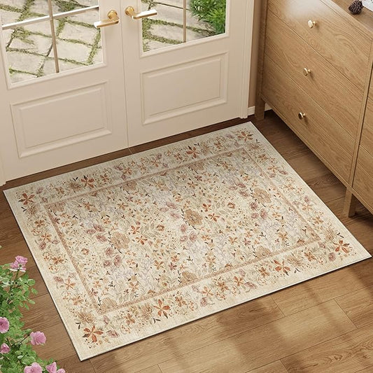 DUKINO 2x3 Entryway Rug, Floral Washable Area Rug with Non Slip Indoor Door Mat, Vintage Low Pile Small Front Door Throw Carpet for Kitchen, Entrance, Bathroom, Bedroom, Beige