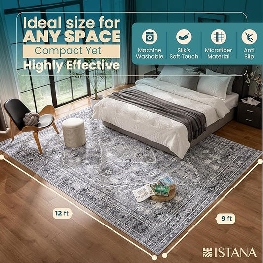 Istana 9x12 Area Rug - Grey 9 x 12 Area Rugs for Living Room - Foldable 9x12 Rugs for Bedroom - Stain Resistant Washable Rug - Eco-Friendly Area Rugs Living Room