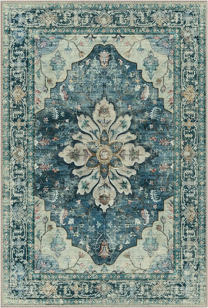 Area Rugs 2'x9' Washable Non-Slip, Floral Vintage Distress Print Pattern Medallion Carpet for Living Room Bedroom Dining Room, Dark Blue Vintage