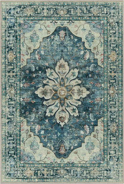 Area Rugs 2'x9' Washable Non-Slip, Floral Vintage Distress Print Pattern Medallion Carpet for Living Room Bedroom Dining Room, Dark Blue Vintage