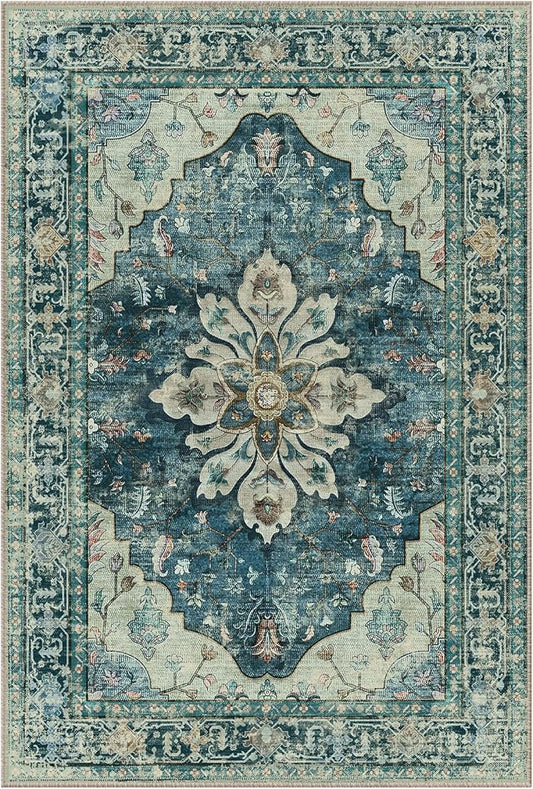 Area Rugs 3'x7' Washable Non-Slip, Floral Vintage Distress Print Pattern Medallion Carpet for Living Room Bedroom Dining Room, Dark Blue Vintage