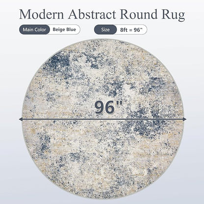 8ft Washable Round Rug - 8x8 Area Rugs Modern Abstract Rugs for Living Room Non-Slip Low Pile Soft Machine Washable Carpet for Bedroom, Living Room, Dining Room, Nursery, Farmhouse (8'x8' Beige Blue)