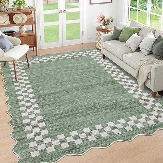 GarveeHome Scalloped Washable Rug 9x12 Area Rug for Living Room Modern Border Large Bedroom Throw Carpet with Rubber Backing Stain Resistant Boho Rug for Dining Room Home Decor Office, Green