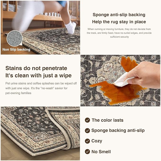 HUGEAR Entryway Machine Washable Area Rugs 2x3 Vintage Black Small Neutral Style Non Slip Stain Resistant Low Pile Throw Carpet for Hallway Kitchen Retro Aesthetic Modern Decor