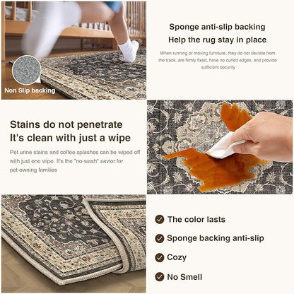 HUGEAR Entryway Machine Washable Area Rugs 2x3 Vintage Black Small Neutral Style Non Slip Stain Resistant Low Pile Throw Carpet for Hallway Kitchen Retro Aesthetic Modern Decor