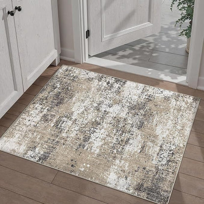 2x3 Abstract Area Rug Brown Washable Modern Entryway Carpet Non Slip Ultra Soft Neutral Low Pile Door Mat Contemporary Small Throw Rug for Bathroom Laundry Kitchen Dining Room