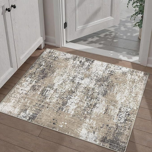 2x3 Abstract Area Rug Brown Washable Modern Entryway Carpet Non Slip Ultra Soft Neutral Low Pile Door Mat Contemporary Small Throw Rug for Bathroom Laundry Kitchen Dining Room