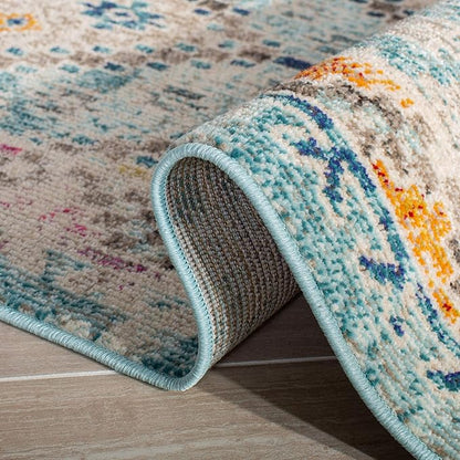 SAFAVIEH Madison Collection Area Rug - 6'7" Round, Blue & Yellow, Boho Diamond Distressed Design, Non-Shedding & Easy Care, Ideal for High Traffic Areas in Living Room, Bedroom (MAD418K)