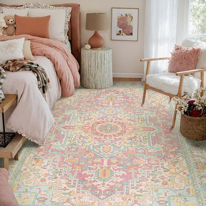 Kokia 5x7 Washable Area Rugs Pink Orange with Vintage Orient Design, Soft Rug for Living Room or Bedroom, Non-Slip Low Pile Stain Resistance Features, Distressed Medallion Pattern