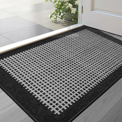 LUMI Inside Door Mat for Entry 17''x30'', Absorbent, Dirt Trapper, Low Profile Thin, Non Slip Mats with Rubber Backing, Ideal for Indoor, High Traffic, Garage, Entrance, Checkered Black