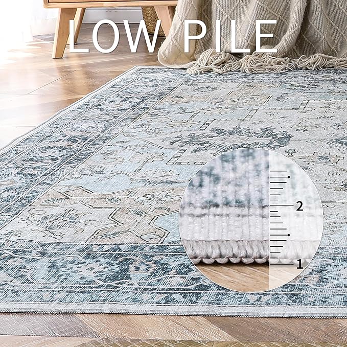 GENIMO 9x12 Area Rugs for Living Room, Machine Washable Non Slip Vintage Rugs, Low Pile Lightweight Chenille Print Rug for Bedroom, Dining Room, Home Office, Blue