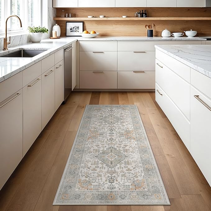 Bavni 2x7 Washable Runner Rug for Hallway, Vintage Grey Rug with Non-Slip Backing, Oriental Distressed Print Indoor Kitchen Runner, Low Pile Thin Soft Small Rugs for Entryway, Bedroom, Laundry Room