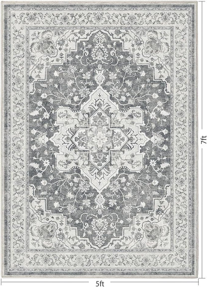 Marsail 5x7 Machine Washable Area Rug, Soft & Slip-Resistant Large Area Rug with Reinforced Bound Edges, Vintage Short-Pile Washable Rug with Floral Pattern for Living Room, Dinning Room and Bedroom