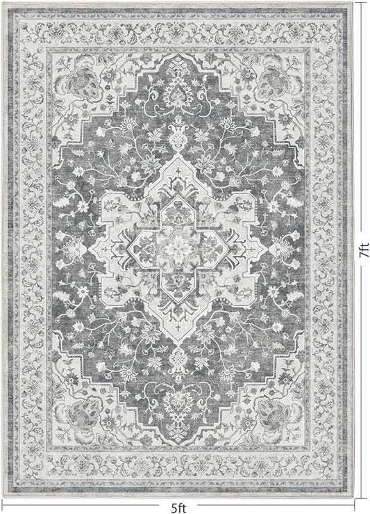 Marsail 5x7 Machine Washable Area Rug, Soft & Slip-Resistant Large Area Rug with Reinforced Bound Edges, Vintage Short-Pile Washable Rug with Floral Pattern for Living Room, Dinning Room and Bedroom