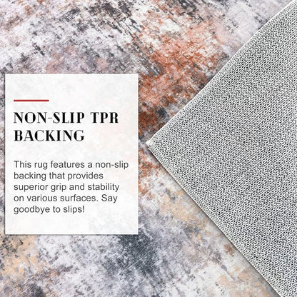 Modern Abstract Runner Rug for Bedroom 2x7, Grey Orange Multi Washable Kitchen Runner, Non-Slip Soft Thin Faux Wool Mat for Entryway, Hallway, Laundry Room Indoor