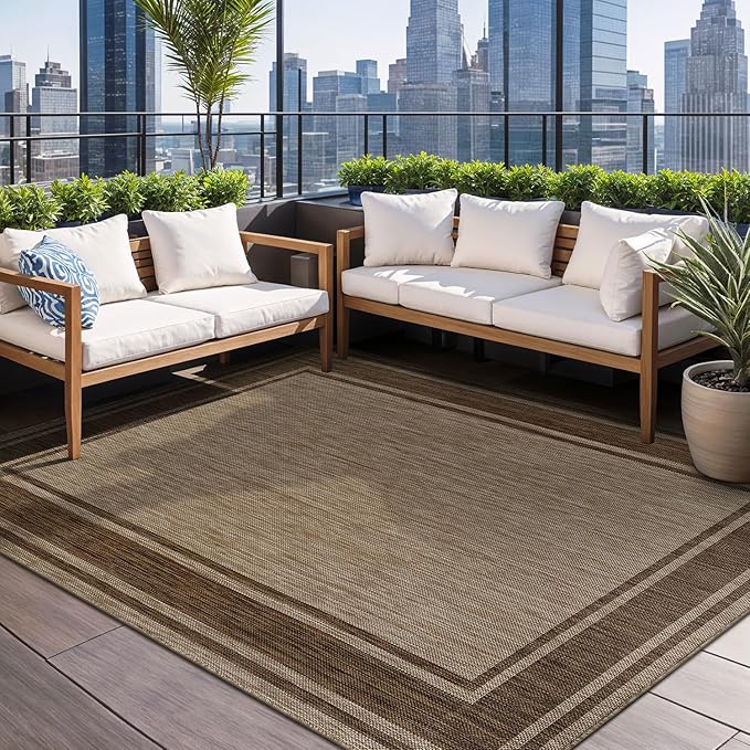 Beverly Rug Large Outdoor Rug 10x14 Modern Bordered Area Rugs for Indoor and Outdoor Patio Deck Porch Garden Waterproof Weather Sun Resistant Washable Outside Carpet (10 x 14 Jute)