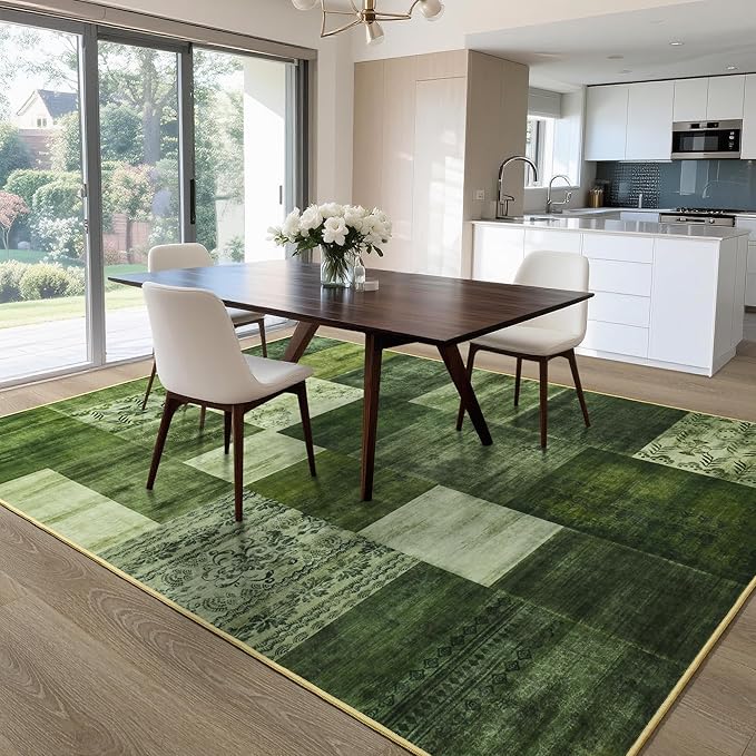 Tepook Modern Area Rug for Living Room, 4x6 Geometric Large Rugs for Bedroom, Washable Patchwork Rug Indoor Non-Slip Throw Carpets for Dining Room Office Farmhouse Home Decor, Green