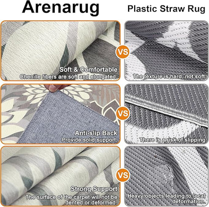 6x9 Outdoor Area Rug Washable Multicolored Patio Rug Tropical Botanical Floral Chenille Waterproof Outdoor Carpet Non-Slip for Patio, Deck, Backyard, Porch, Taupe