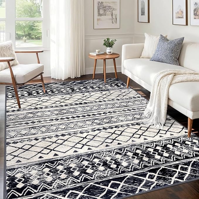 KUTA Morocca Area Rug 5x7 Black Navy Blue, Washable Boho Living Room Rugs Non-Slip, Ultra Soft Geometric Print Traditional Farmhouse Carpet for Dining Room Bedroom Dorm Office Home Decor