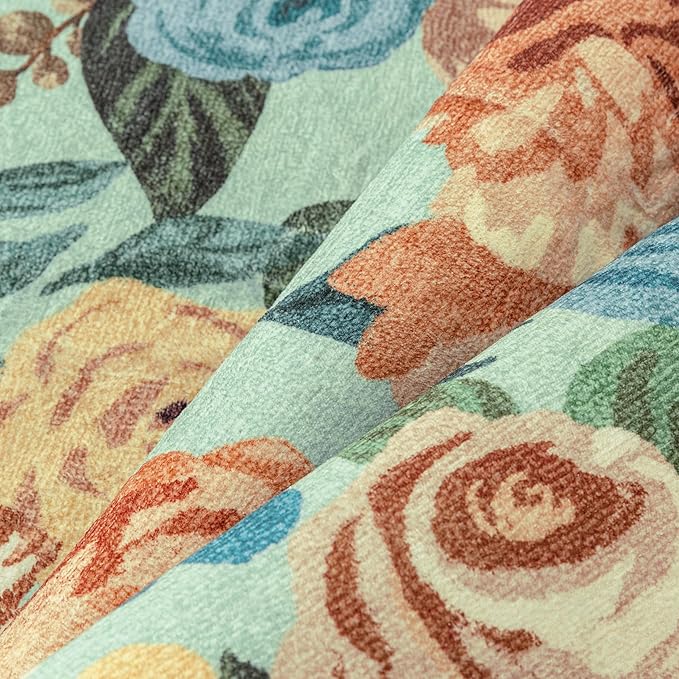 Washable Floral Area Rug 3x5 Green Office Carpet Scalloped Flower Non Slip Soft Entrance Door Mat Farmhouse Low Pile Thin Indoor Floor Cover for Kitchen Bathroom Bedroom Laundry Living Room