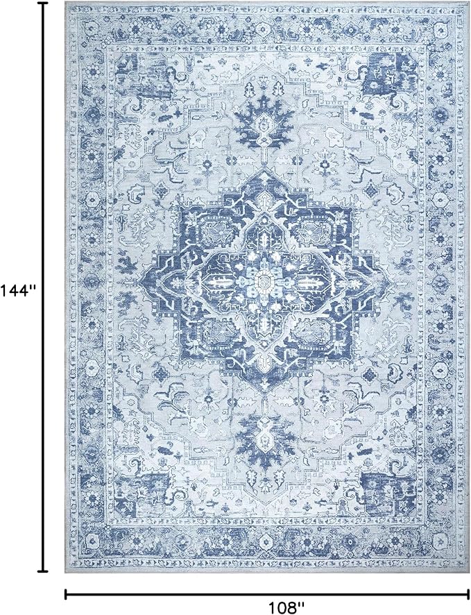 Bloom Rugs Washable Non-Slip 9' x 12' Rug - Gray/Blue Traditional Medallion Area Rug for Living Room, Bedroom, Dining Room, and Kitchen - Exact Size: 9' x 12'