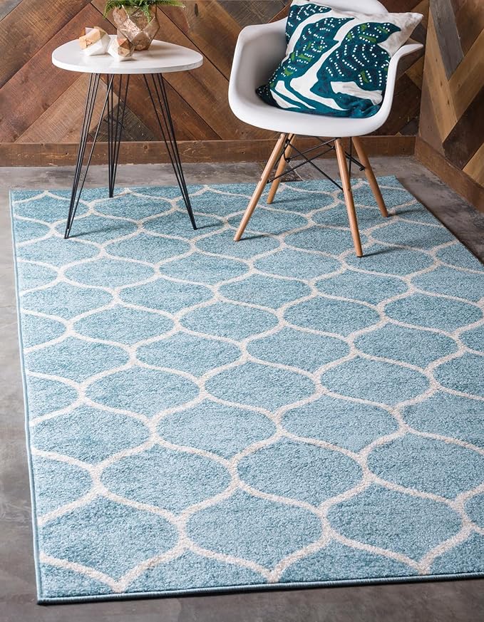 Rugs.com Lattice Frieze Collection Rug – 5' x 8' Light Blue Medium Rug Perfect for Living Rooms, Large Dining Rooms, Open Floorplans